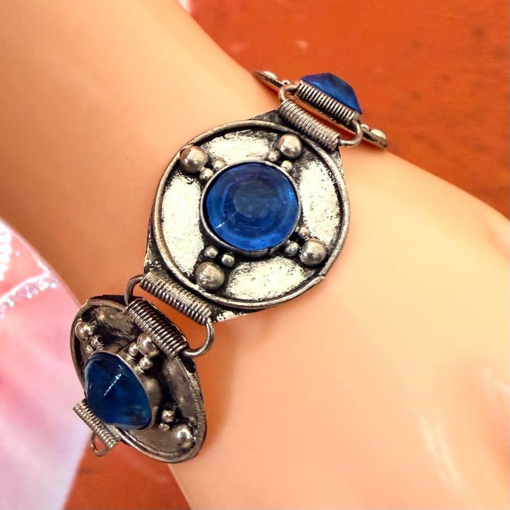Vintage Tibetan Style Blue Art Glass Link Bracelet
